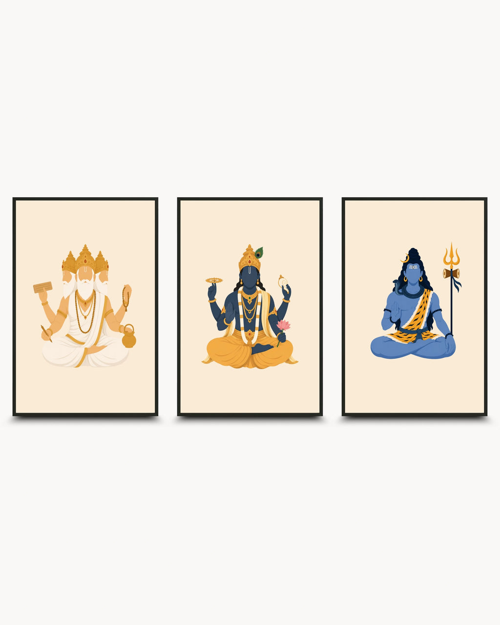 Minimalist illustration of the Hindu Trimurti deities Brahma, Vishnu, and Shiva, presented as a set of three framed wall art pieces in a sleek noir black frame.