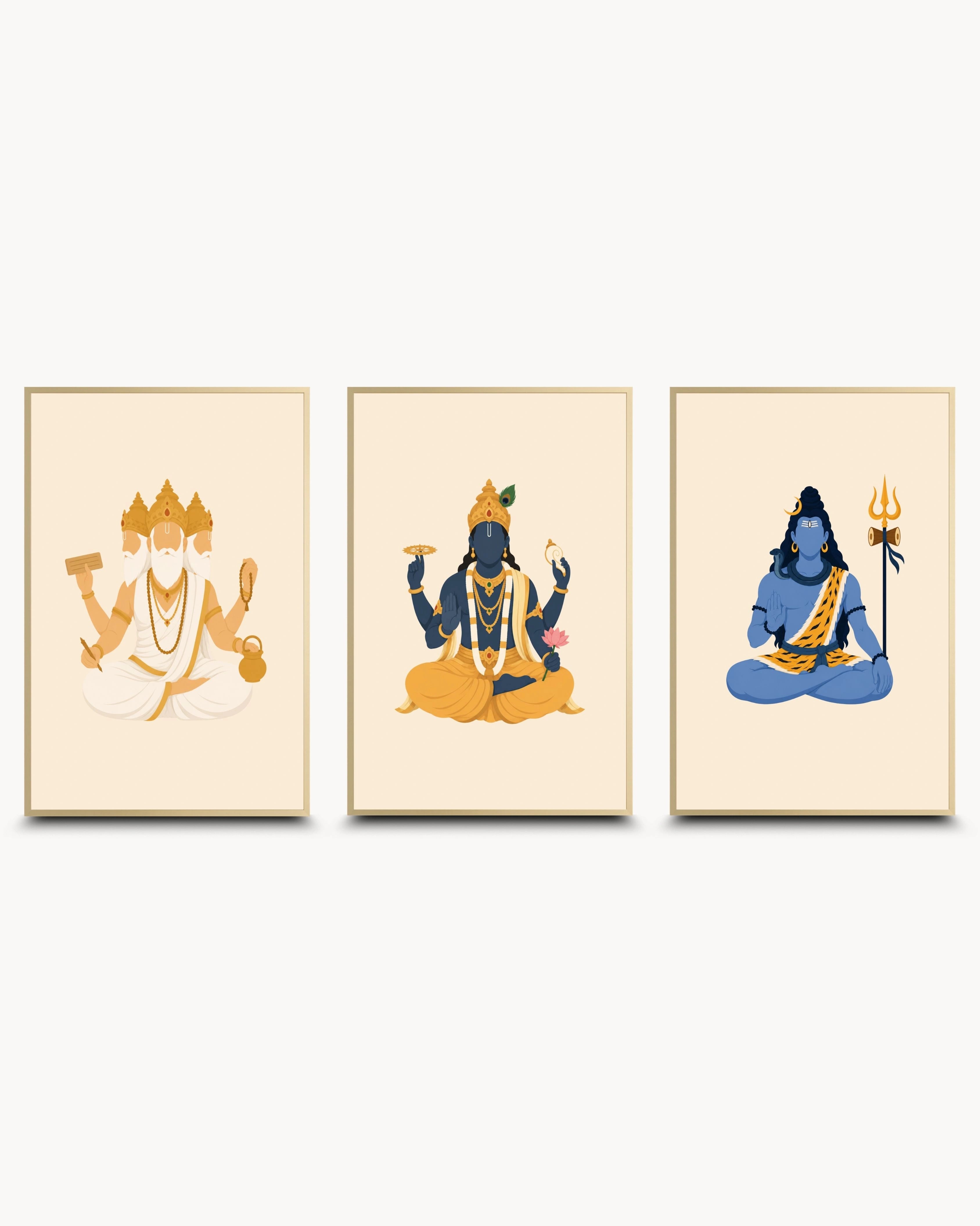 Minimalist illustration of the Hindu Trimurti deities Brahma, Vishnu, and Shiva, presented as a set of three framed wall art pieces in an elegant satin gold frame.