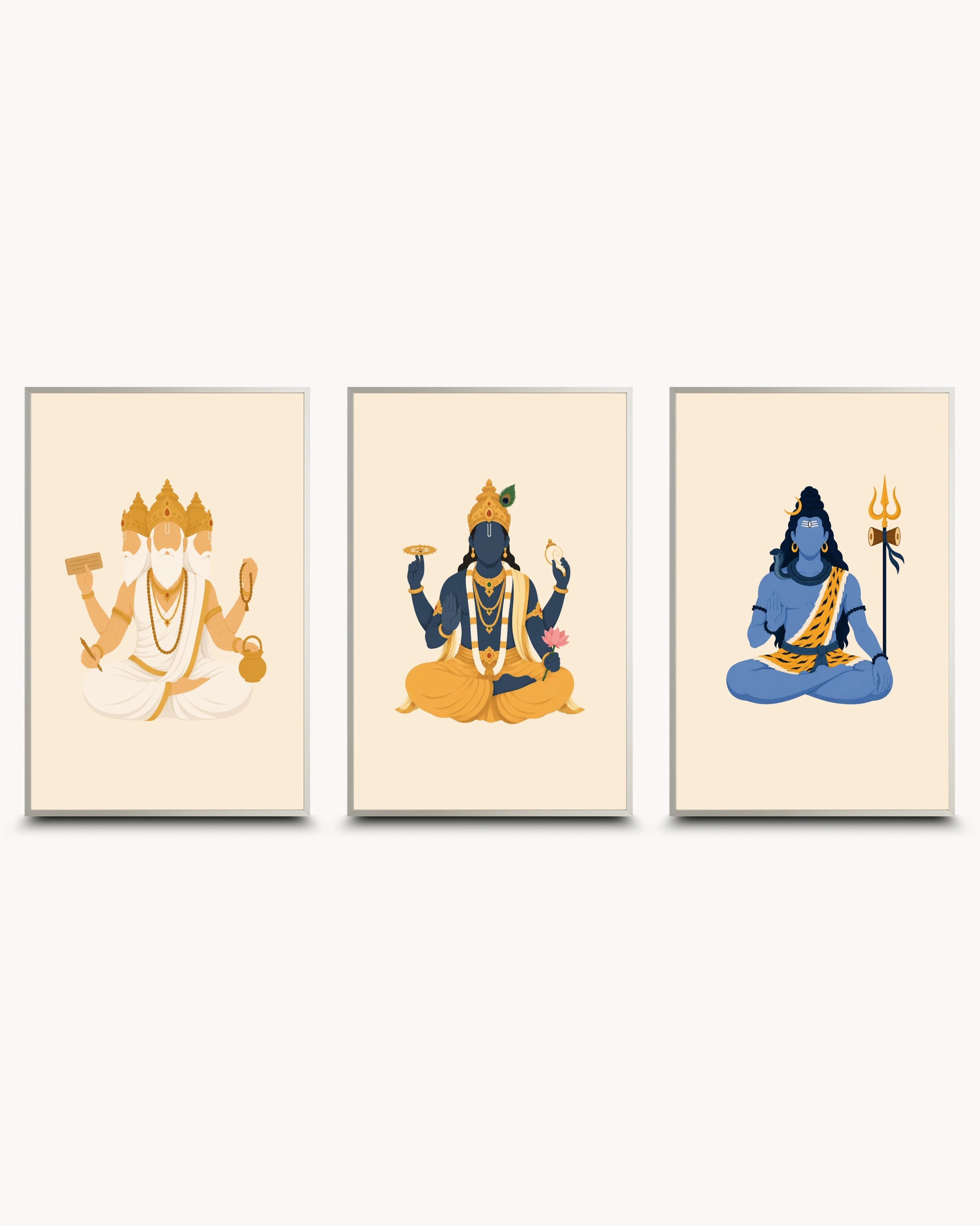Minimalist illustration of the Hindu Trimurti deities Brahma, Vishnu, and Shiva, presented as a set of three framed wall art pieces in a modern satin silver frame.