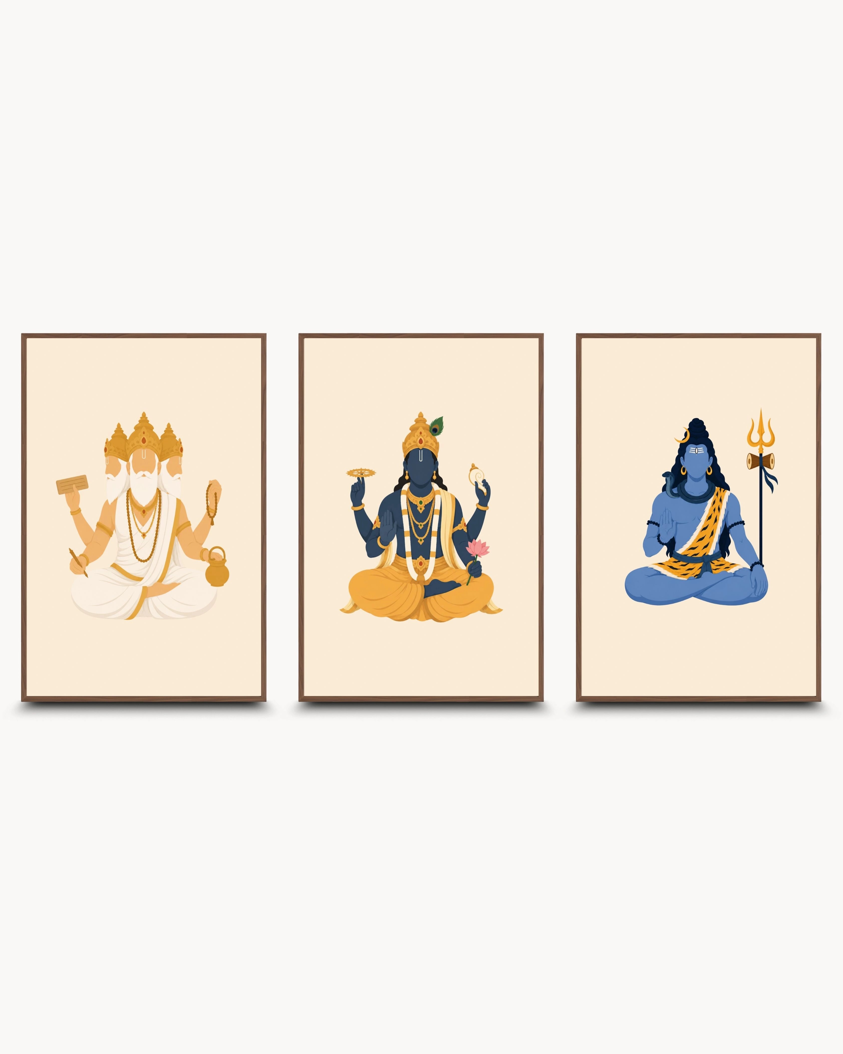 Minimalist illustration of the Hindu Trimurti deities Brahma, Vishnu, and Shiva, presented as a set of three framed wall art pieces in a rich walnut wood frame.