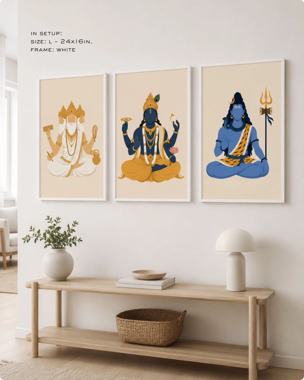 Lifestyle mockup of the minimalist Hindu Trimurti wall art set of 3, featuring Brahma, Vishnu, and Shiva in size Large (24x16 inches) with clean white frames, elegantly displayed above a modern wooden entryway console table.