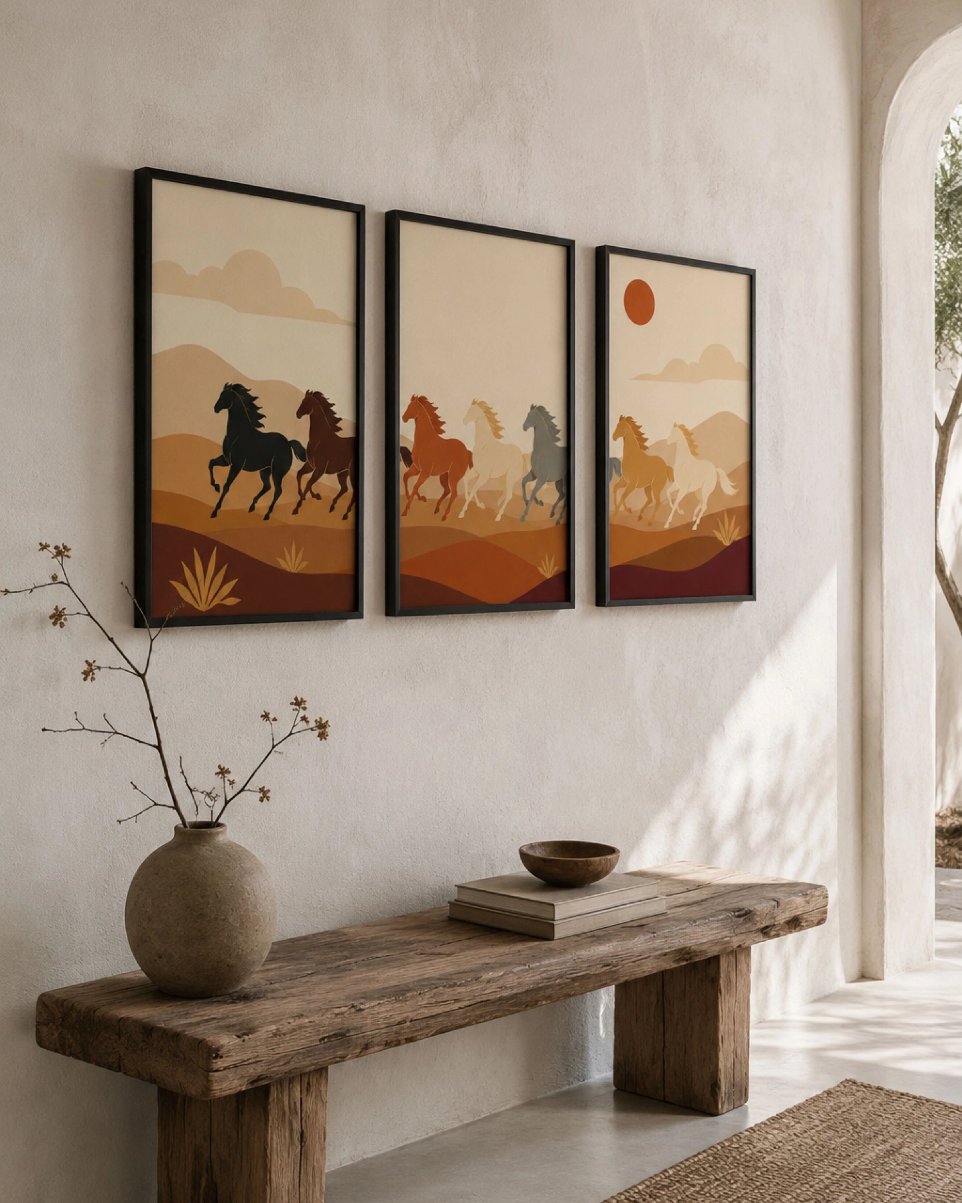 A set of three black-framed wall art prints in a curated Japandi-style interior. The prints feature minimalist stylized horses running through a warm, earthy desert landscape with an abstract sun. A rustic wooden bench with decorative items is below.