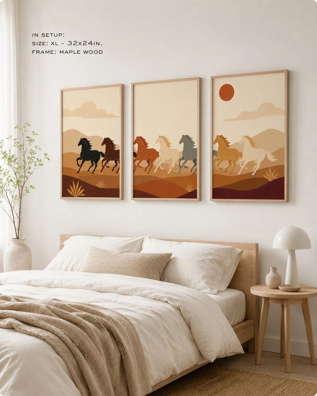 A set of three maple wood-framed wall art prints hanging above a bed in a bright, minimalist bedroom. The triptych features stylized horses running through an earth-toned desert landscape. The bed has white linens and a textured beige throw, next to a wooden nightstand with a white modern lamp.