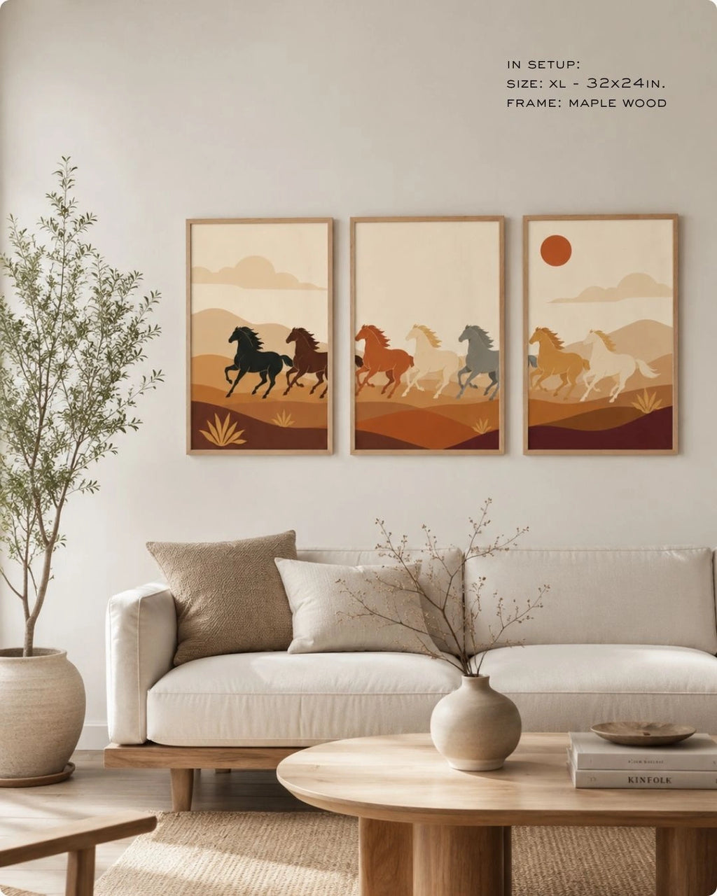 A set of three maple wood-framed wall art prints hanging above a sleek white sofa in a bright, minimalist living room. The triptych features stylized horses running through an earth-toned desert landscape. In the foreground, a round wooden coffee table is styled with a ceramic vase, dried branches, and a Kinfolk book.