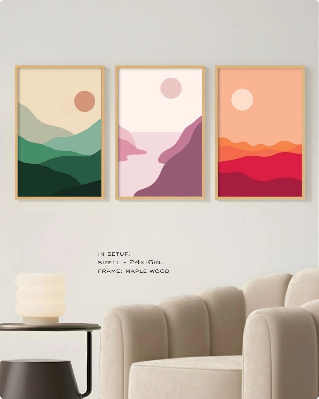 Large (Size L) 3-piece minimalist abstract landscape gallery wall in Maple Wood frames by K2C Co., perfectly scaled for a balanced and organic living room look.