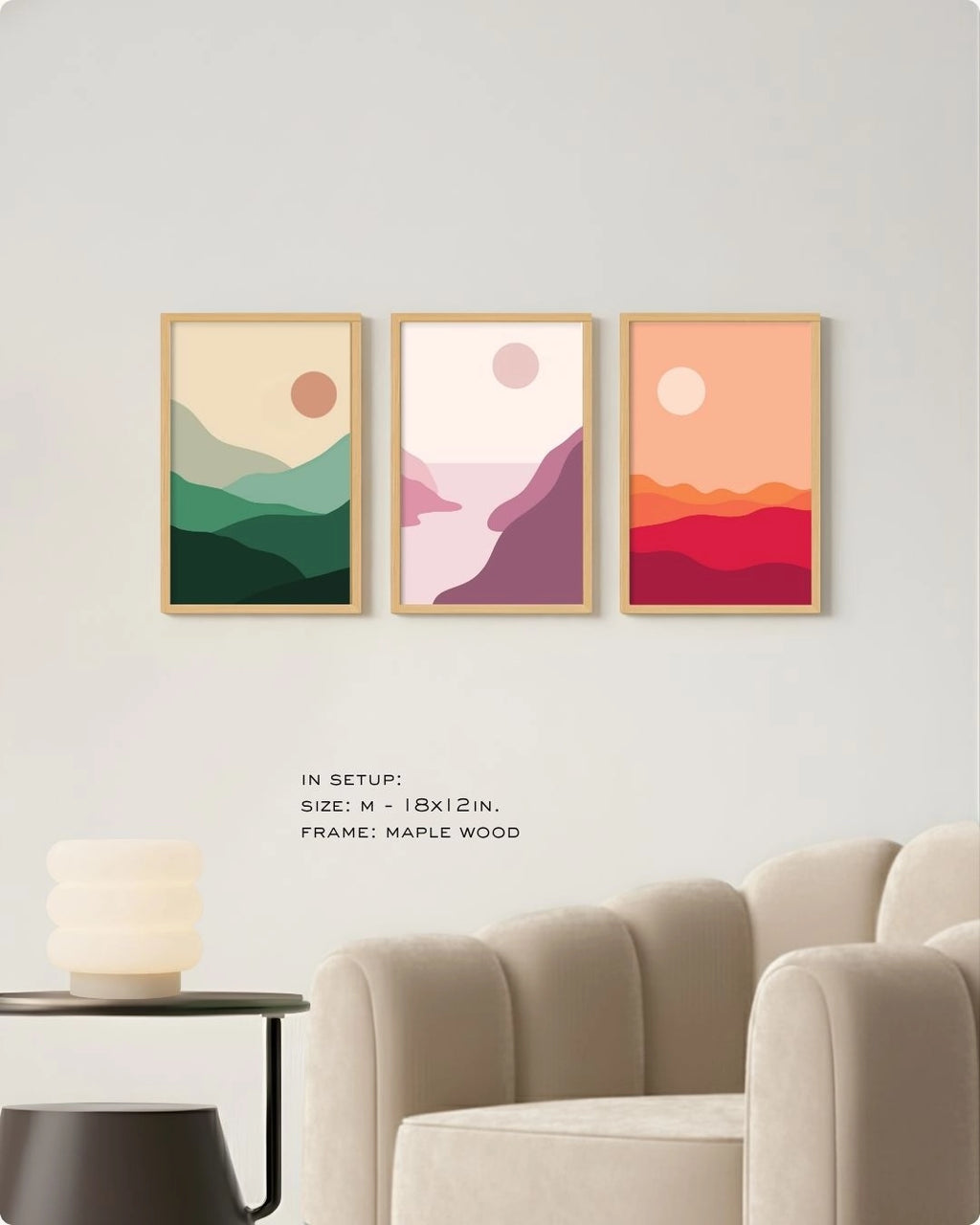 Medium (Size M) 3-piece abstract landscape gallery wall set in Maple Wood frames by K2C Co., providing a cohesive and calming nature-inspired vibe for modern homes.