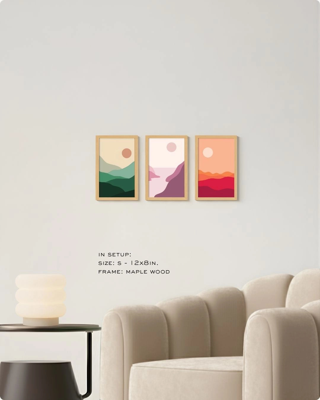Small (Size S) 3-piece minimalist abstract landscape gallery wall in Maple Wood frames by K2C Co., demonstrating how to style compact wall spaces with a complete art set.