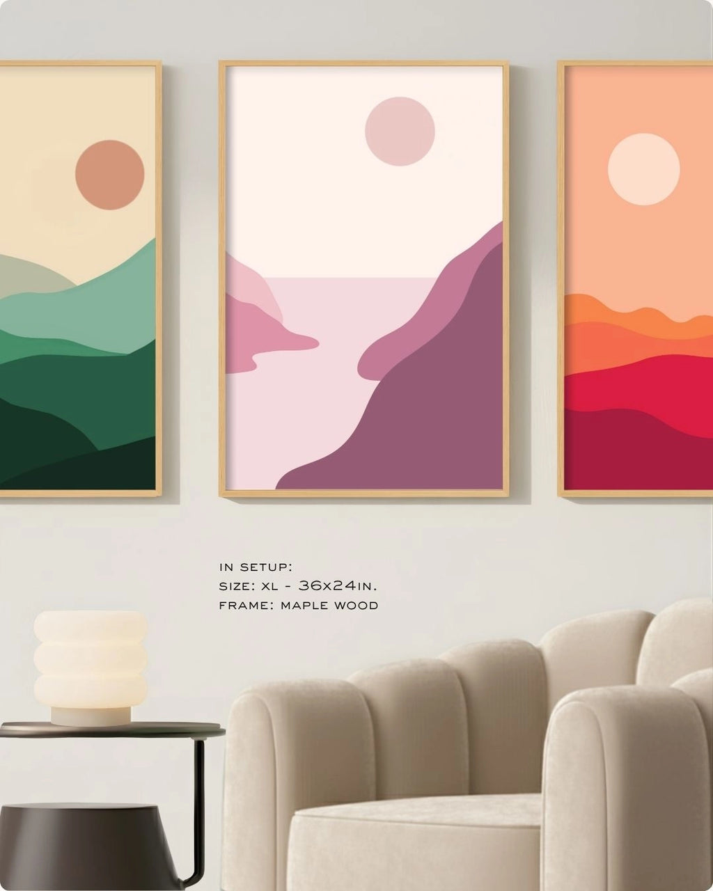 Extra Large (XL) 3-piece abstract landscape gallery wall in natural Maple Wood frames by K2C Co., making a bold artistic statement above a modern beige armchair.
