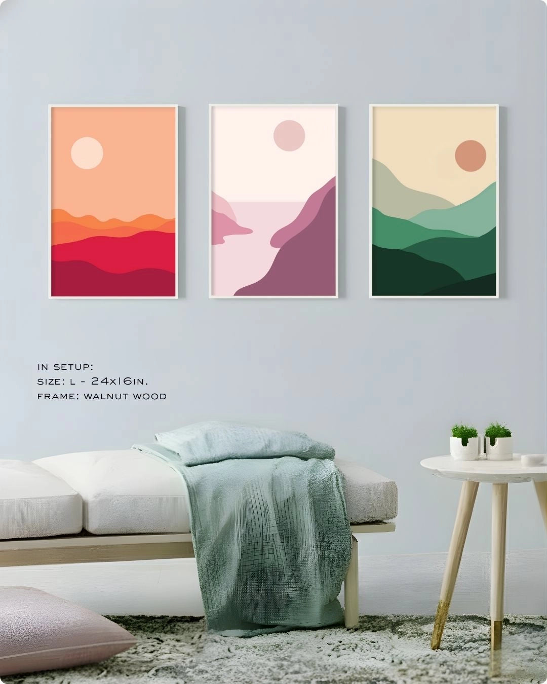 K2C Co. 3-piece minimalist abstract landscape gallery set in Moon White frames, displayed in a serene bedroom or lounge setup with a Japandi aesthetic.
