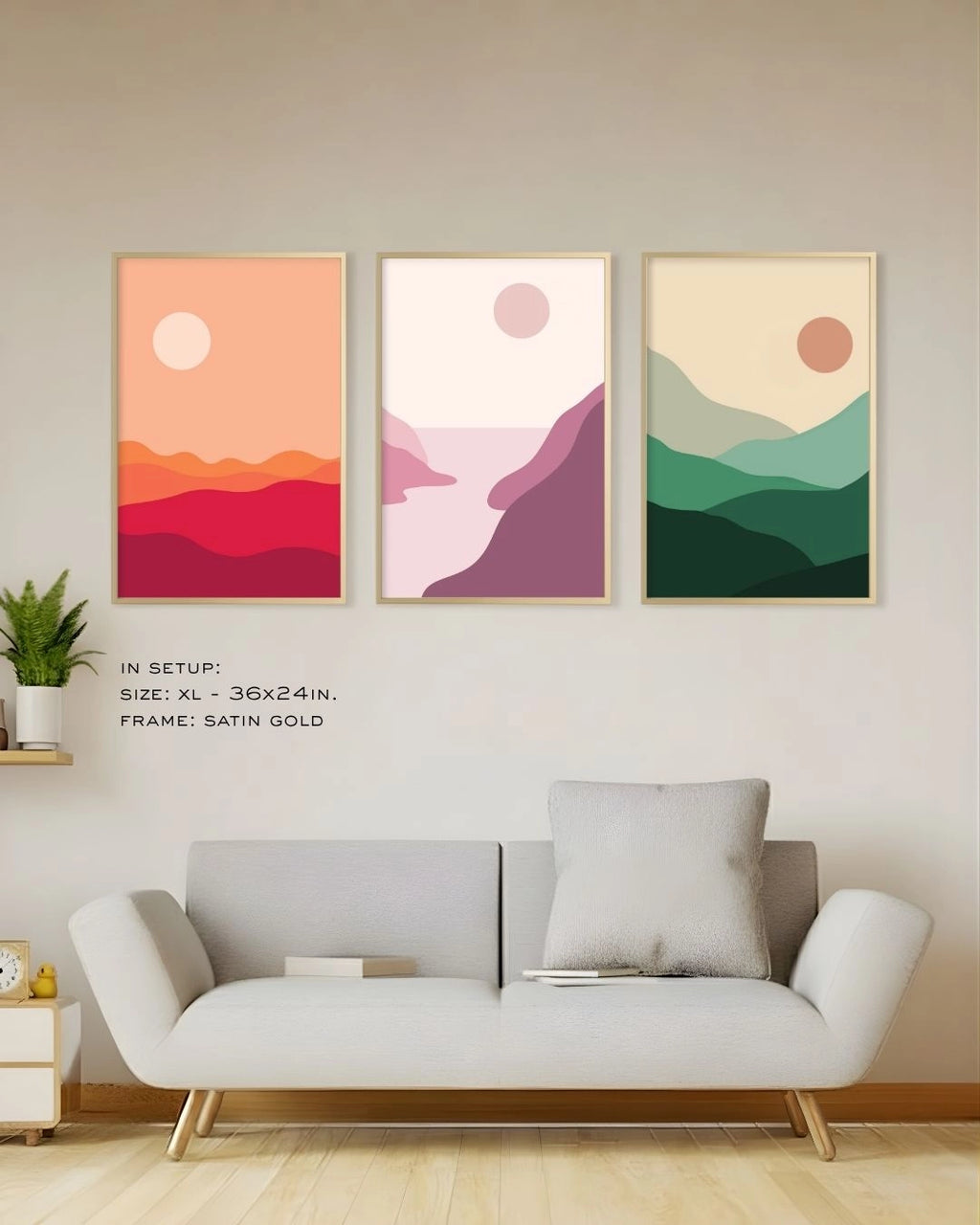3-piece triptych abstract landscape art set in elegant Satin Gold frames by K2C Co., styled in a bright, modern living room setting to showcase premium wall decor.