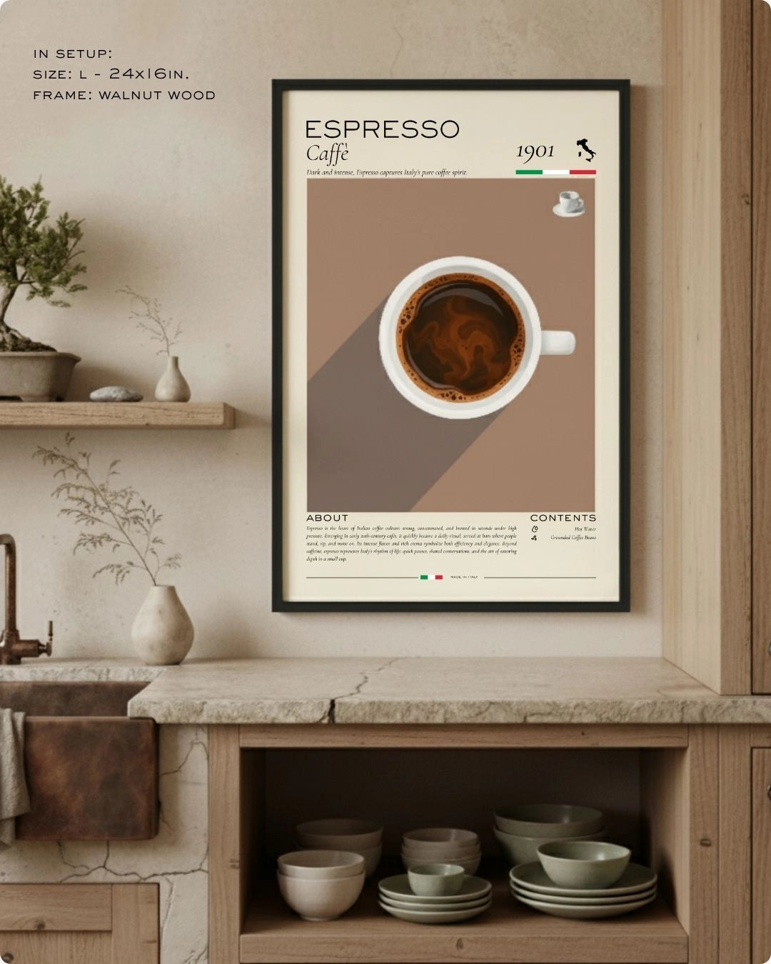 Large (Size L - 24x16in) Espresso coffee ritual infographic in a Noir Black frame by K2C Co., styled above a rustic stone kitchen counter with open wooden shelving.