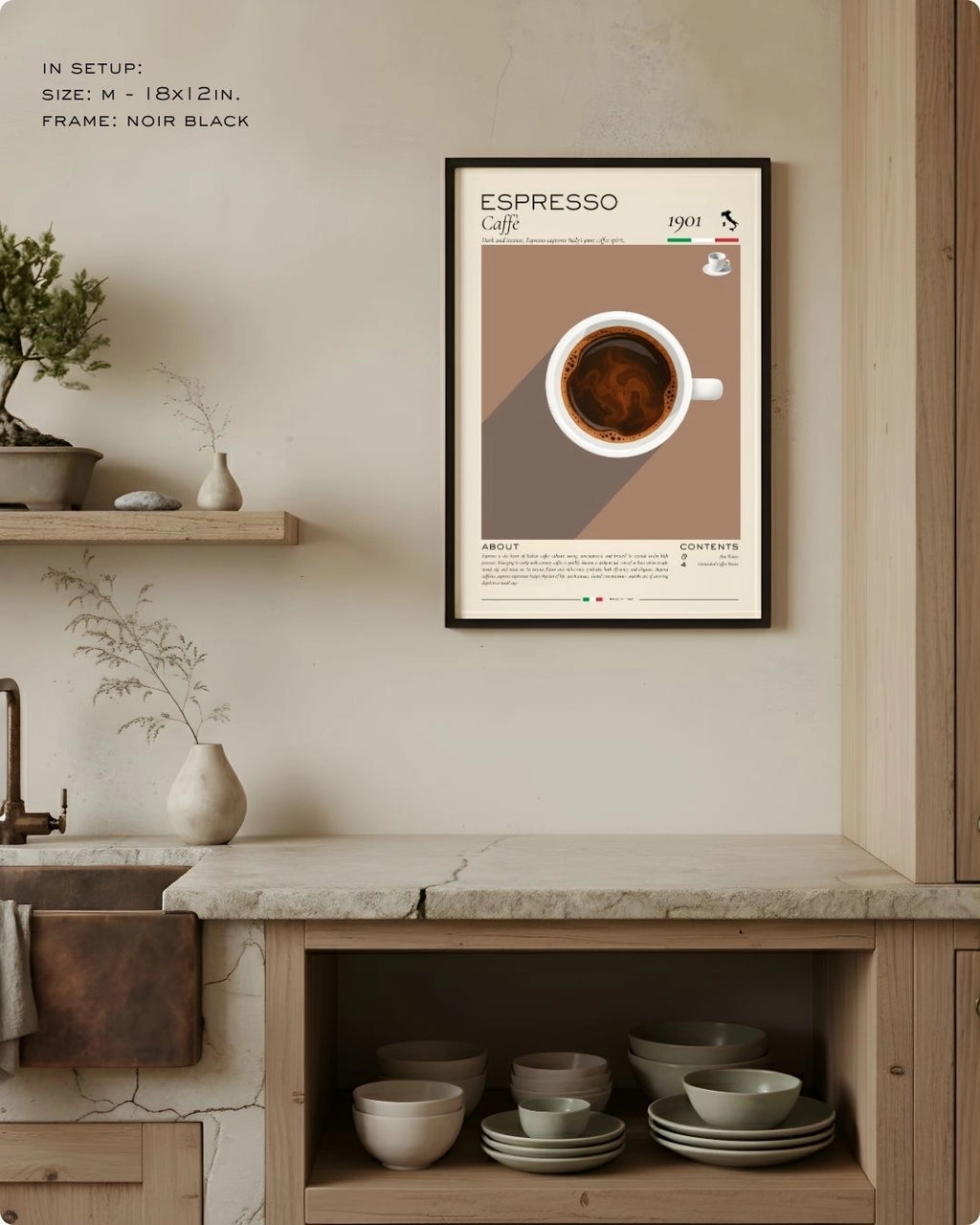 Medium (Size M - 18x12in) Espresso coffee ritual infographic in a Noir Black frame by K2C Co., featured in a minimalist kitchen setup to demonstrate relative wall scale.