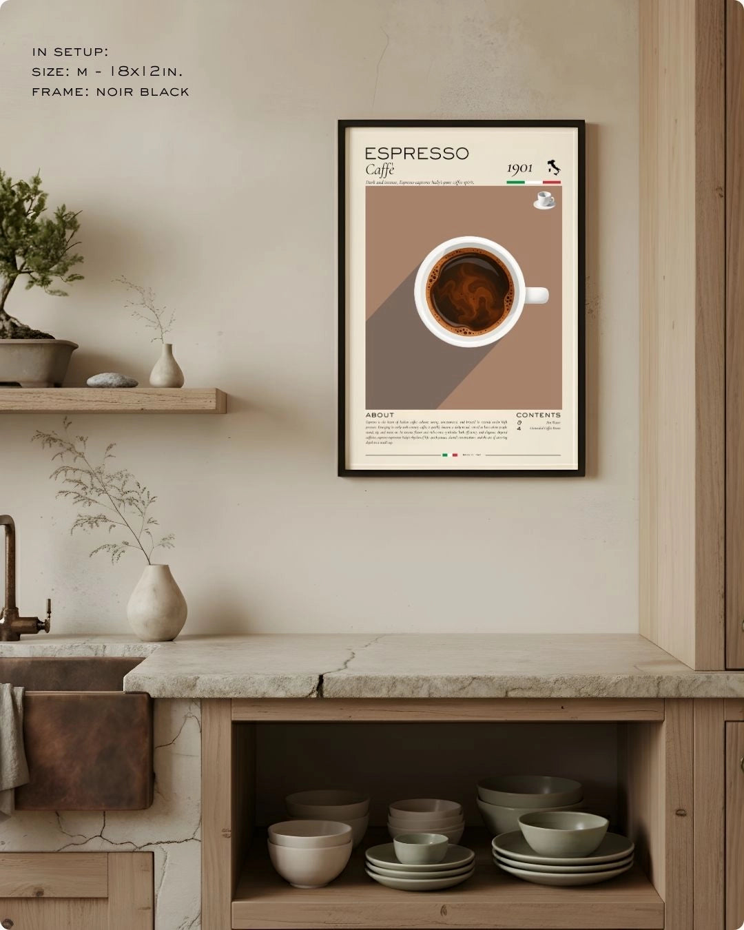 Medium (Size M - 18x12in) Espresso coffee ritual infographic in a Noir Black frame by K2C Co., featured in a minimalist kitchen setup to demonstrate relative wall scale.