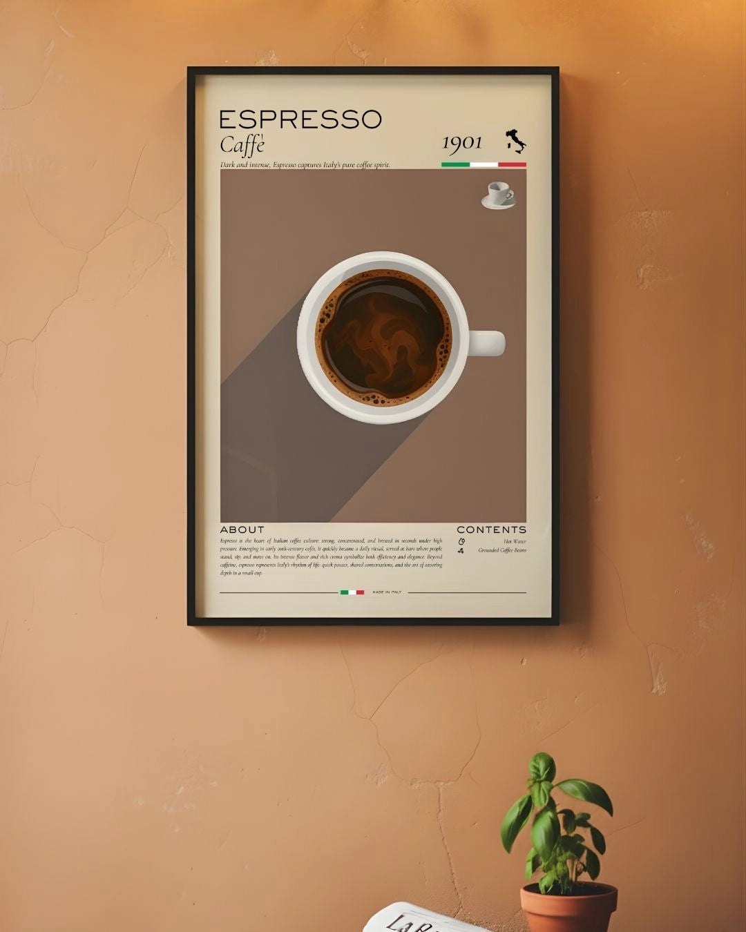 Minimalist Italian Espresso infographic by K2C Co. in a Noir Black frame, styled against a warm, textured terracotta plaster wall for a bold, modern look.