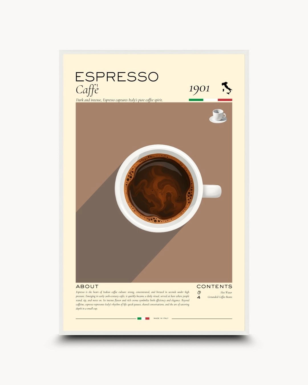 K2C Co. Espresso Rituals vintage-style infographic print in a Moon White frame. Features warm coffee tones and a minimalist map of Italy, perfect for bright Scandinavian or Japandi kitchens.