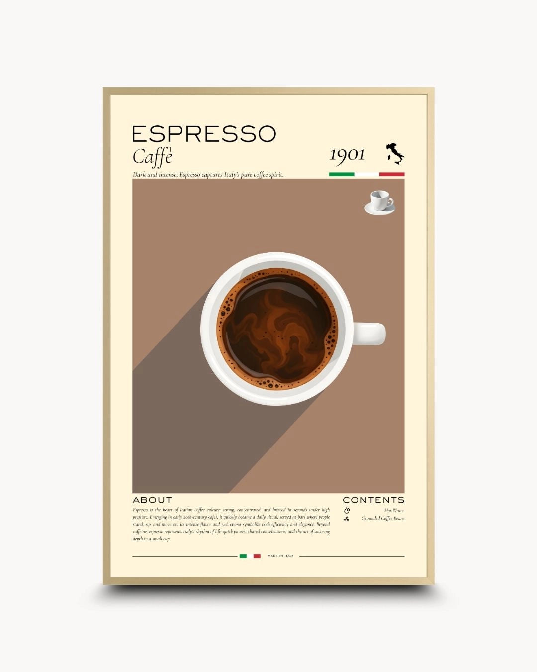 Elegant Espresso Rituals infographic by K2C Co. in a Satin Gold frame. Features clean typography and high-contrast coffee tones for a luxury contemporary kitchen decor statement.