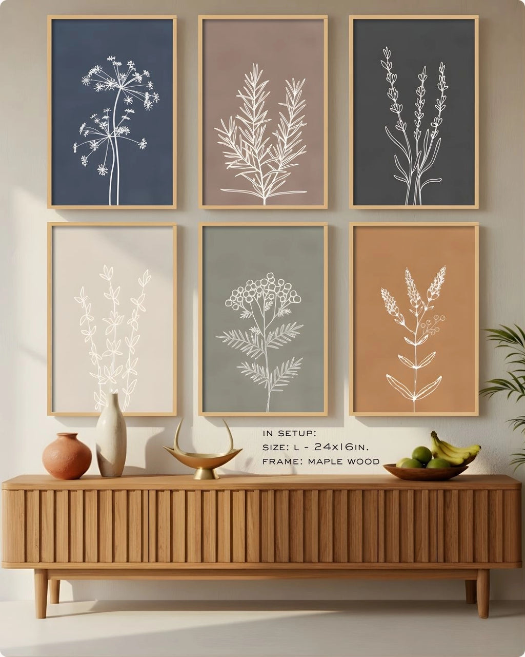 Large (Size L - 24x16in) 6-piece botanical line art set in Maple Wood frames by K2C Co., styled above a slatted sideboard with organic shadow play in a modern Japandi home.