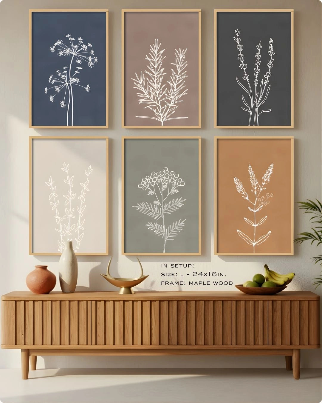 Large (Size L - 24x16in) 6-piece botanical line art set in Maple Wood frames by K2C Co., styled above a slatted sideboard with organic shadow play in a modern Japandi home.