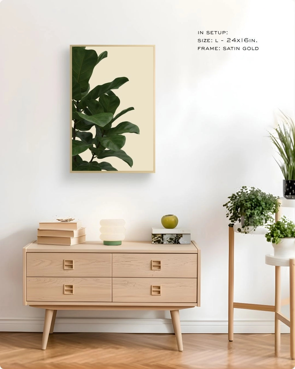 K2C Co. Fiddle Leaf Fig botanical print in a Maple Wood frame, styled on a neutral dresser with a mushroom lamp and green plants for a clean modern aesthetic.
