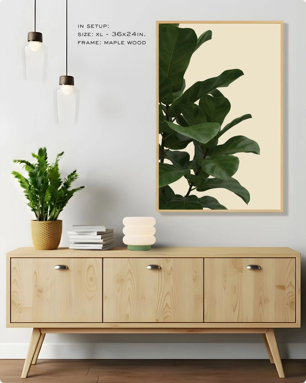 Large-scale (Size XL) Fiddle Leaf Fig botanical art by K2C Co. in a Maple Wood frame, hanging above a light wood sideboard in a bright Japandi living room.