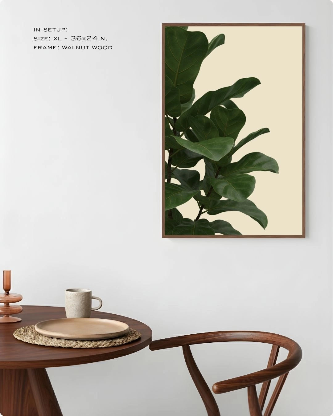 Tropical Fiddle Leaf Fig wall art in a Walnut Wood frame by K2C Co., featured in a warm, airy dining room mockup to highlight premium Japandi interior design.