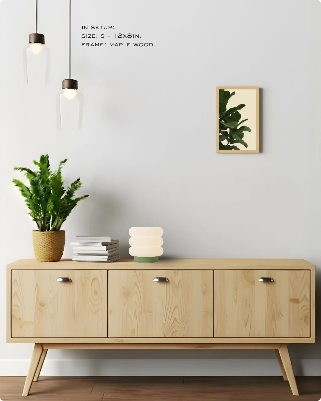 Small accent Fiddle Leaf Fig wall art in a Maple Wood frame by K2C Co., featured in a minimalist Japandi decor mockup to demonstrate small-space styling.