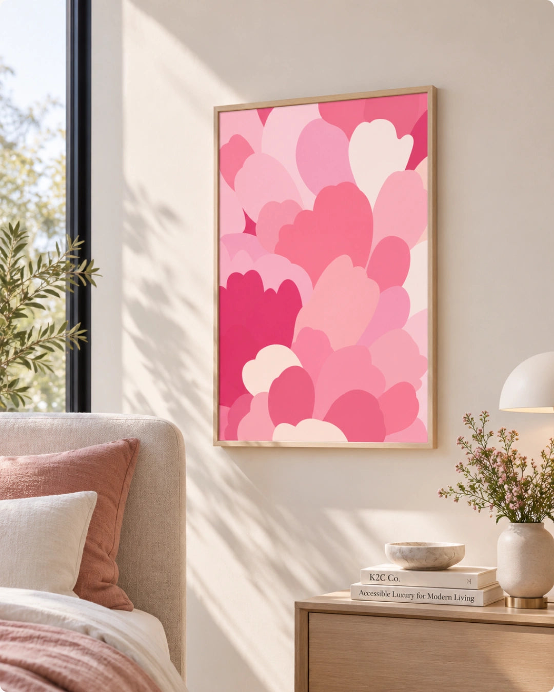 A framed wall art print featuring overlapping hearts in shades of pink, magenta, and white, hanging on a beige wall in a styled bedroom setting with a bed, side table, lamp, and vase.