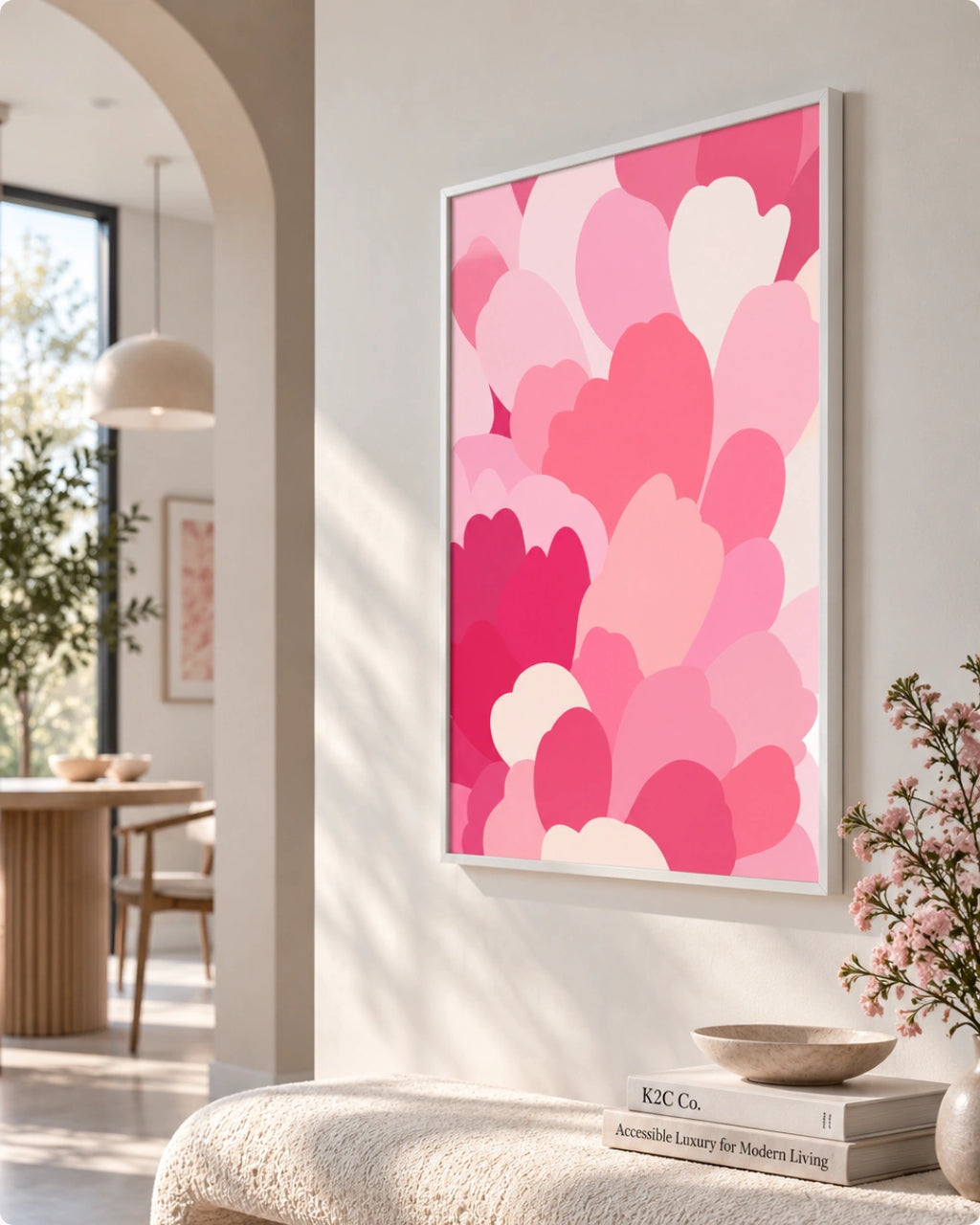 A framed wall art print featuring overlapping abstract pink and coral heart-like shapes, displayed in a bright modern interior with a bench, books, and a dining area visible in the background.