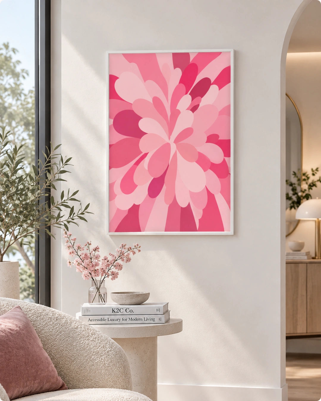A framed abstract floral wall art print in shades of pink hangs on a white wall in a modern living room setting with a sofa, side table, and plants.