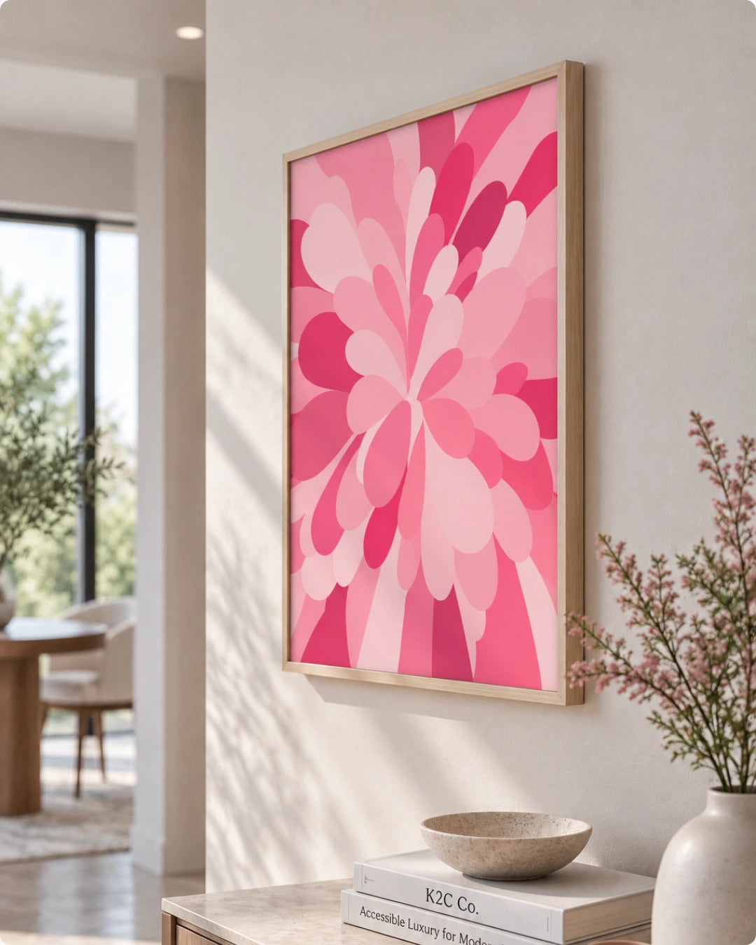 Framed wall art featuring a bold abstract floral burst in shades of pink, hung on a light beige wall in a modern interior setting with a console table, books, and a vase below.