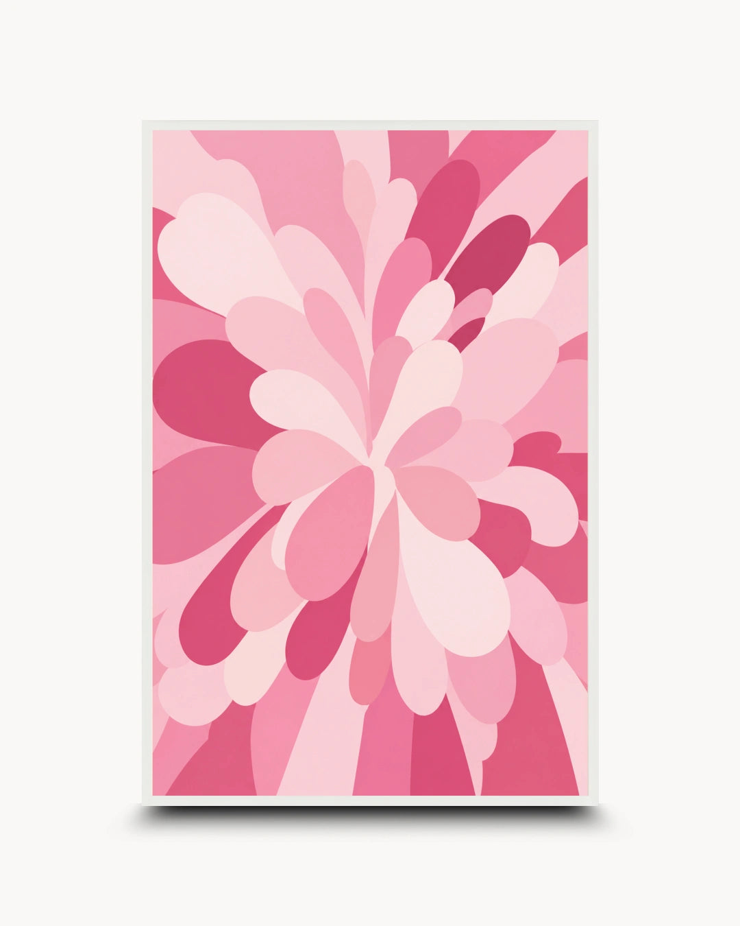 A vertical art print featuring a stylized, layered floral design in various shades of pink, including light blush, medium pink, and magenta, presented on a clean off-white background with a subtle drop shadow.
