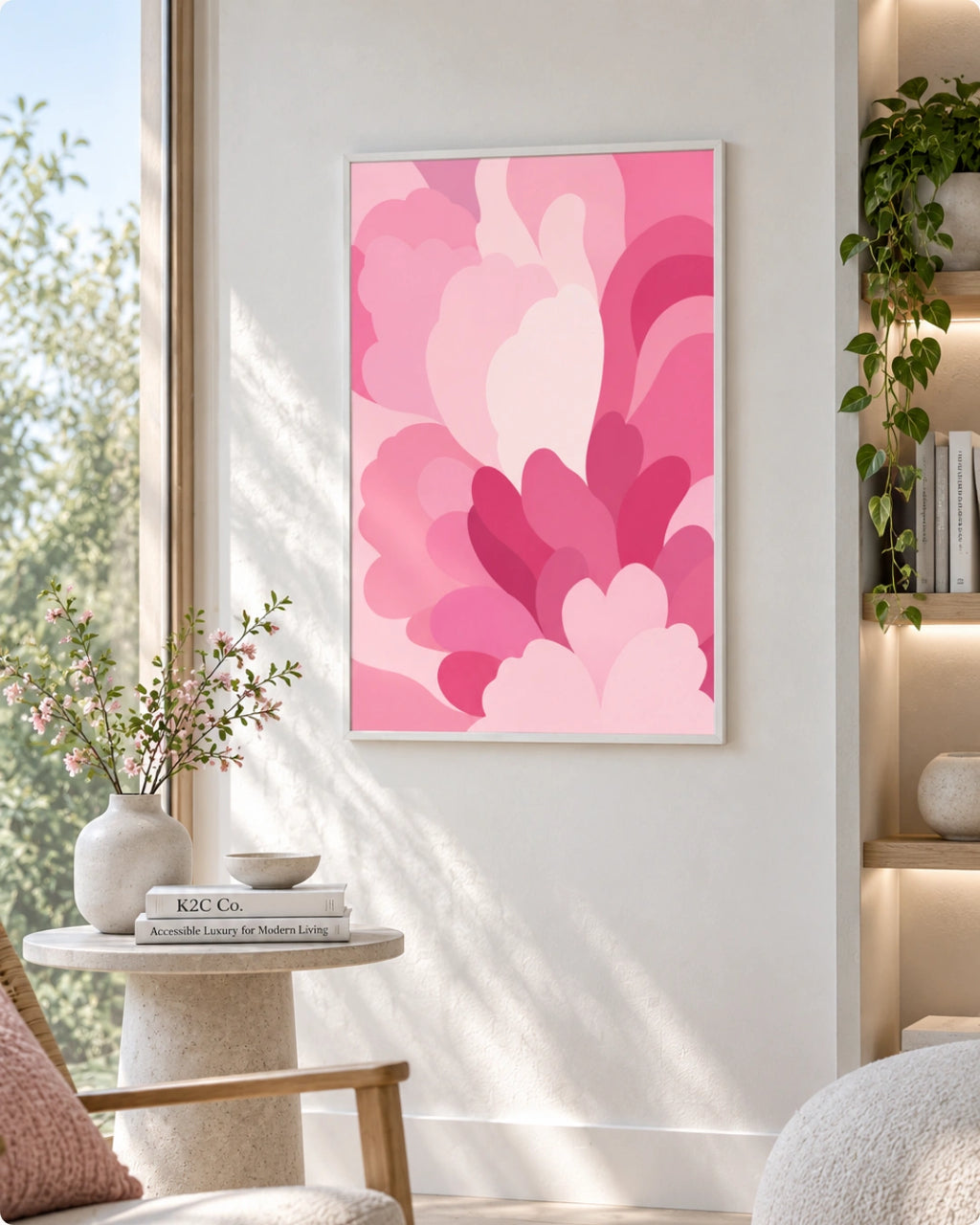 A framed abstract floral wall art print in shades of pink hangs on a light neutral wall in a styled interior with a side table, vase, chair, and shelving visible.