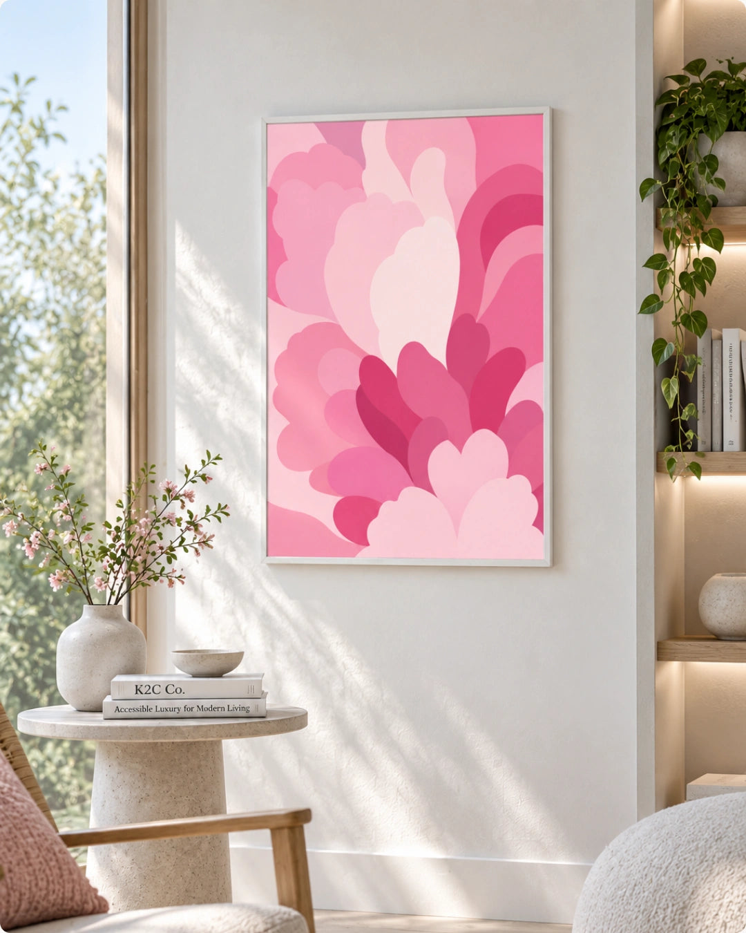 A framed abstract floral wall art print in shades of pink hangs on a light neutral wall in a styled interior with a side table, vase, chair, and shelving visible.