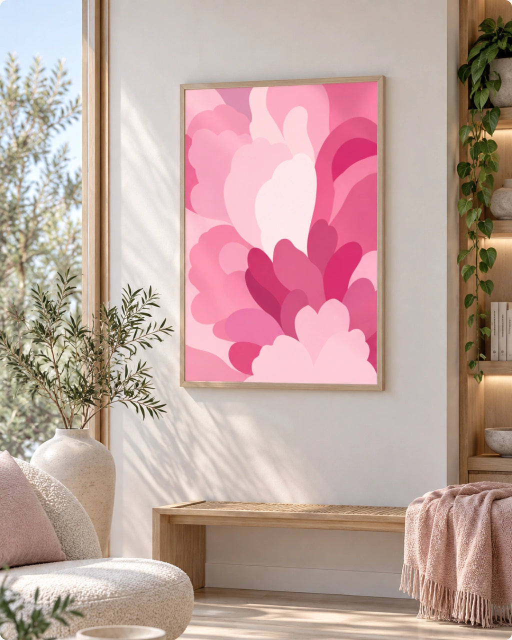 A framed abstract floral art print in shades of pink hangs on a white wall in a bright, modern living room with a wooden bench, sofa, and potted plant.