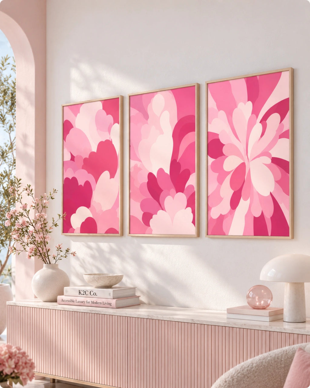 Three framed abstract floral wall art prints in pink tones hang above a pink console table in a softly styled interior with flowers, books, and a lamp.