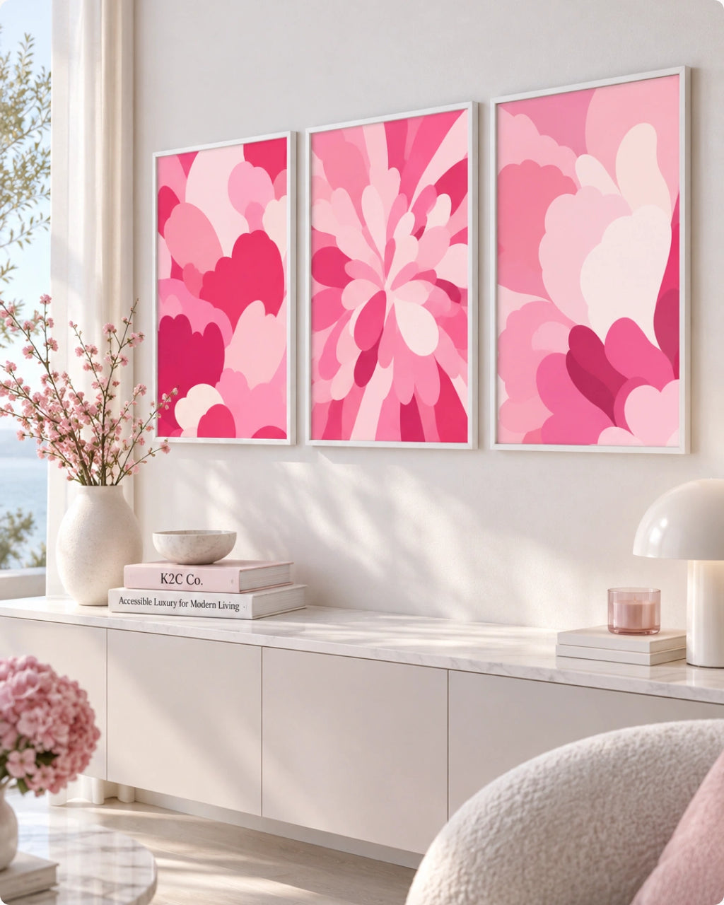 Three framed abstract floral wall art prints in shades of pink hang above a white console table in a bright, modern room with a vase of branches, books, and a lamp.