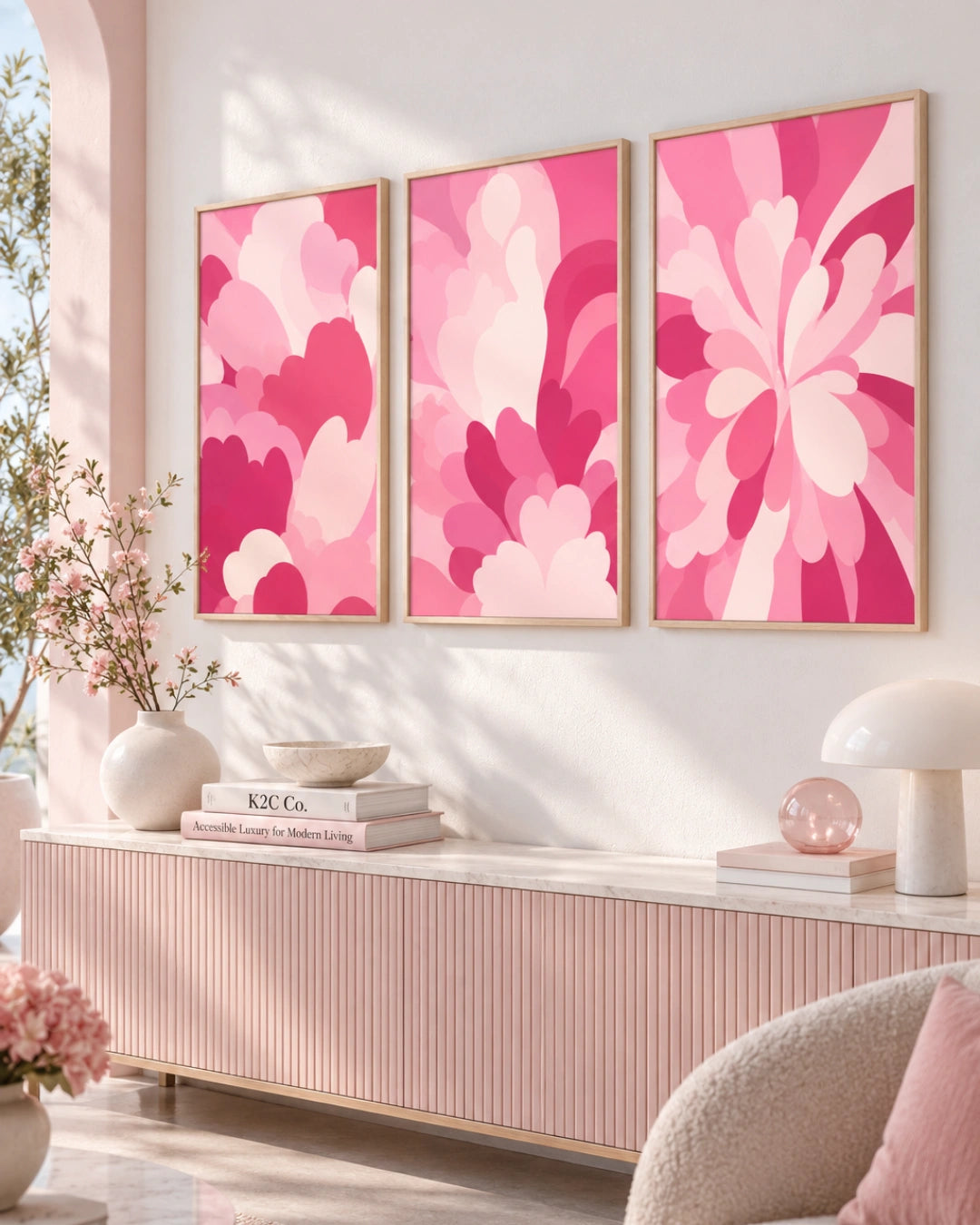 Three framed abstract floral wall art prints in pink tones hang above a pink console table in a bright, modern room with decorative vases, books, and a lamp.