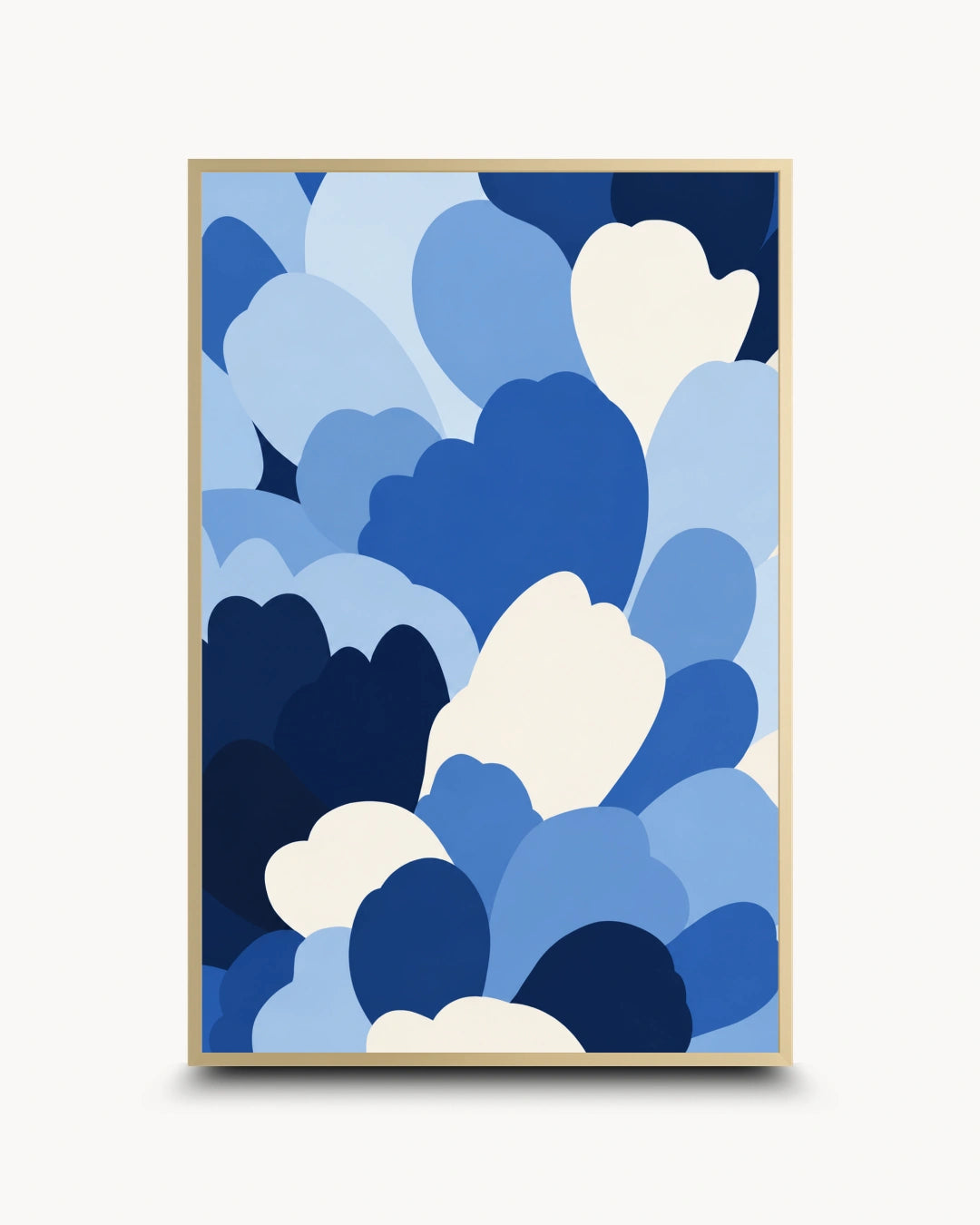 An abstract art print featuring overlapping heart-like shapes in various shades of blue and white, displayed on a clean off-white background with a subtle drop shadow.