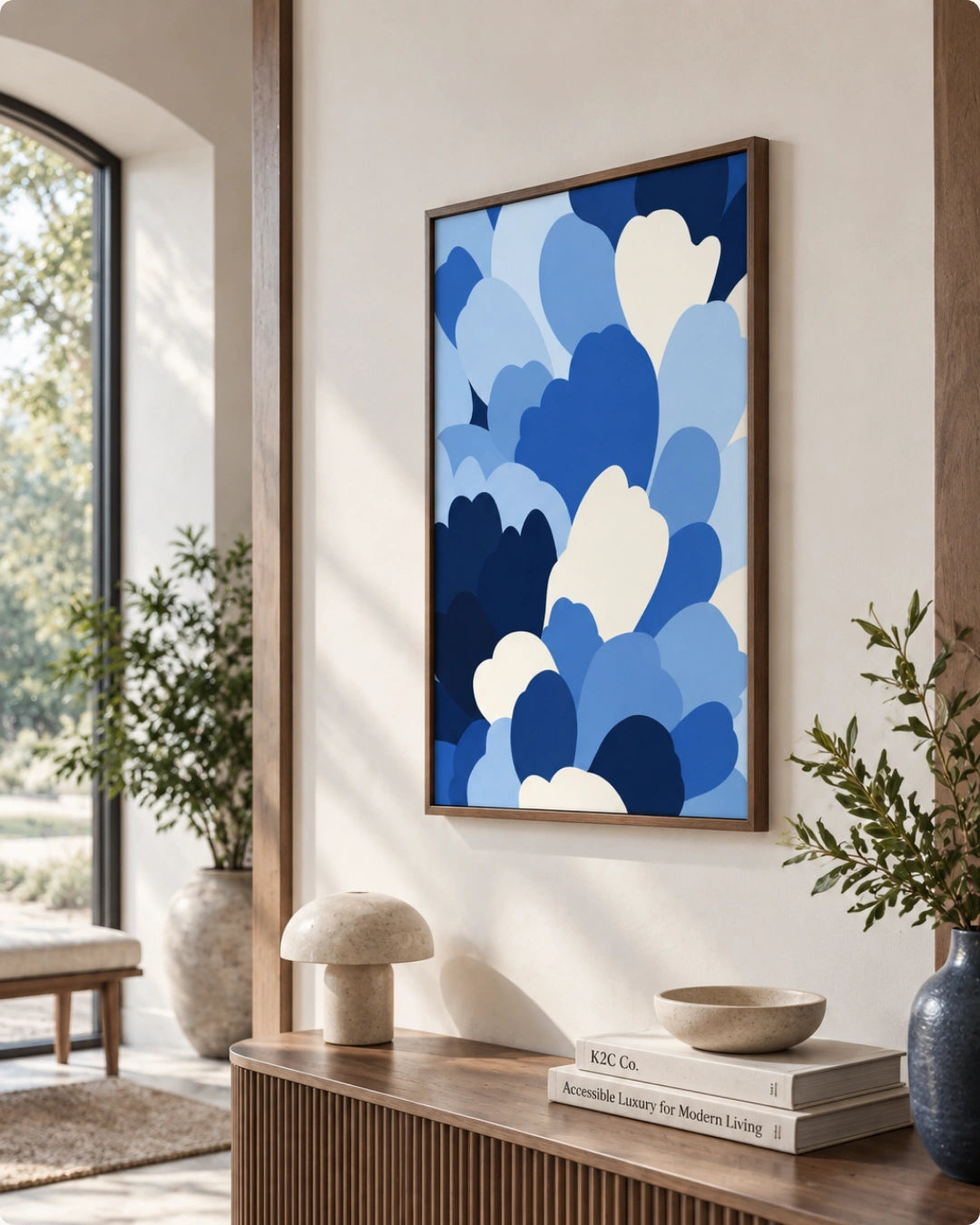 A framed abstract art print featuring layered blue and white cloud-like shapes, displayed on a beige wall in a modern, sunlit interior with a wooden console table, books, and plants.