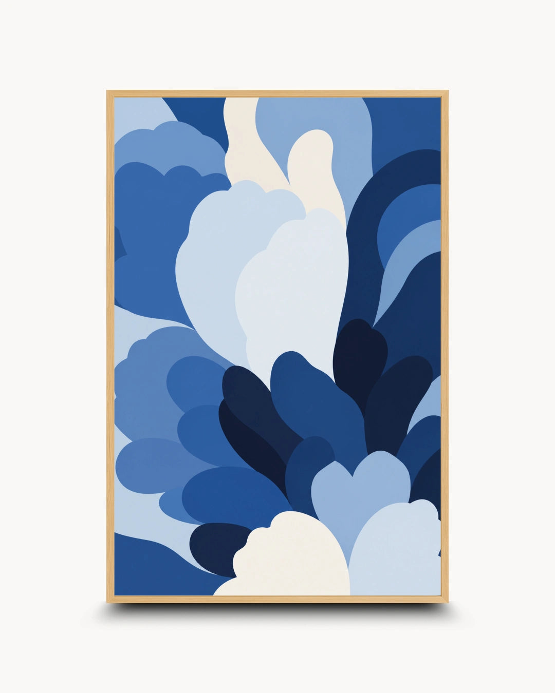An abstract art print featuring layered, organic cloud-like shapes in various shades of blue and white, presented on a clean white background with a subtle drop shadow.