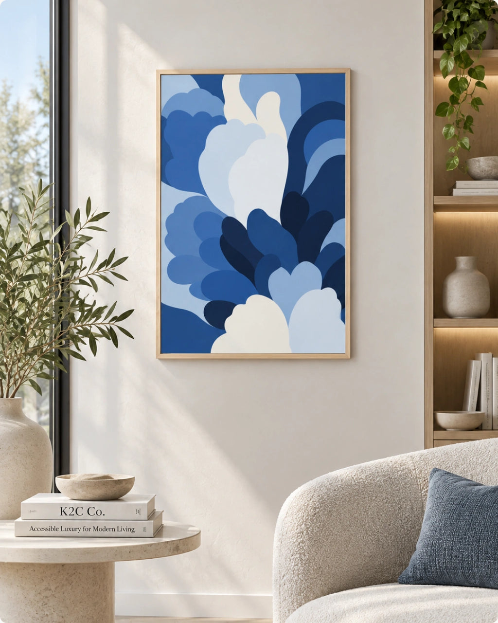 A framed abstract wall art print featuring layered blue and white organic shapes, displayed in a modern living room setting next to a sofa and side table.