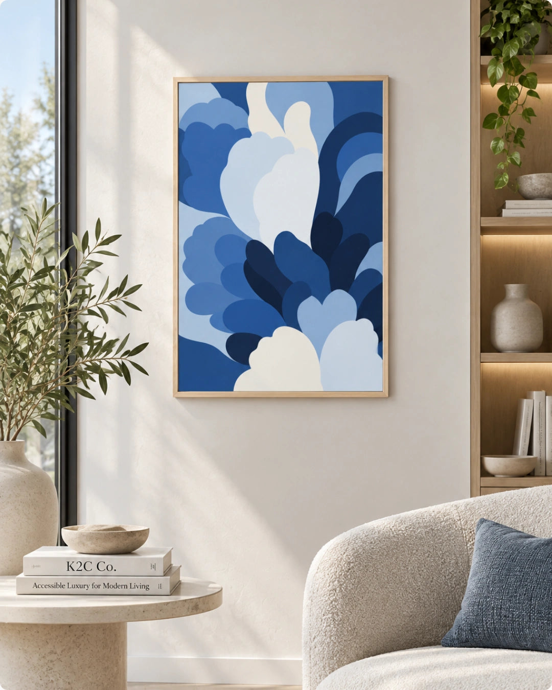 A framed abstract wall art print featuring layered blue and white organic shapes, displayed in a modern living room setting next to a sofa and side table.