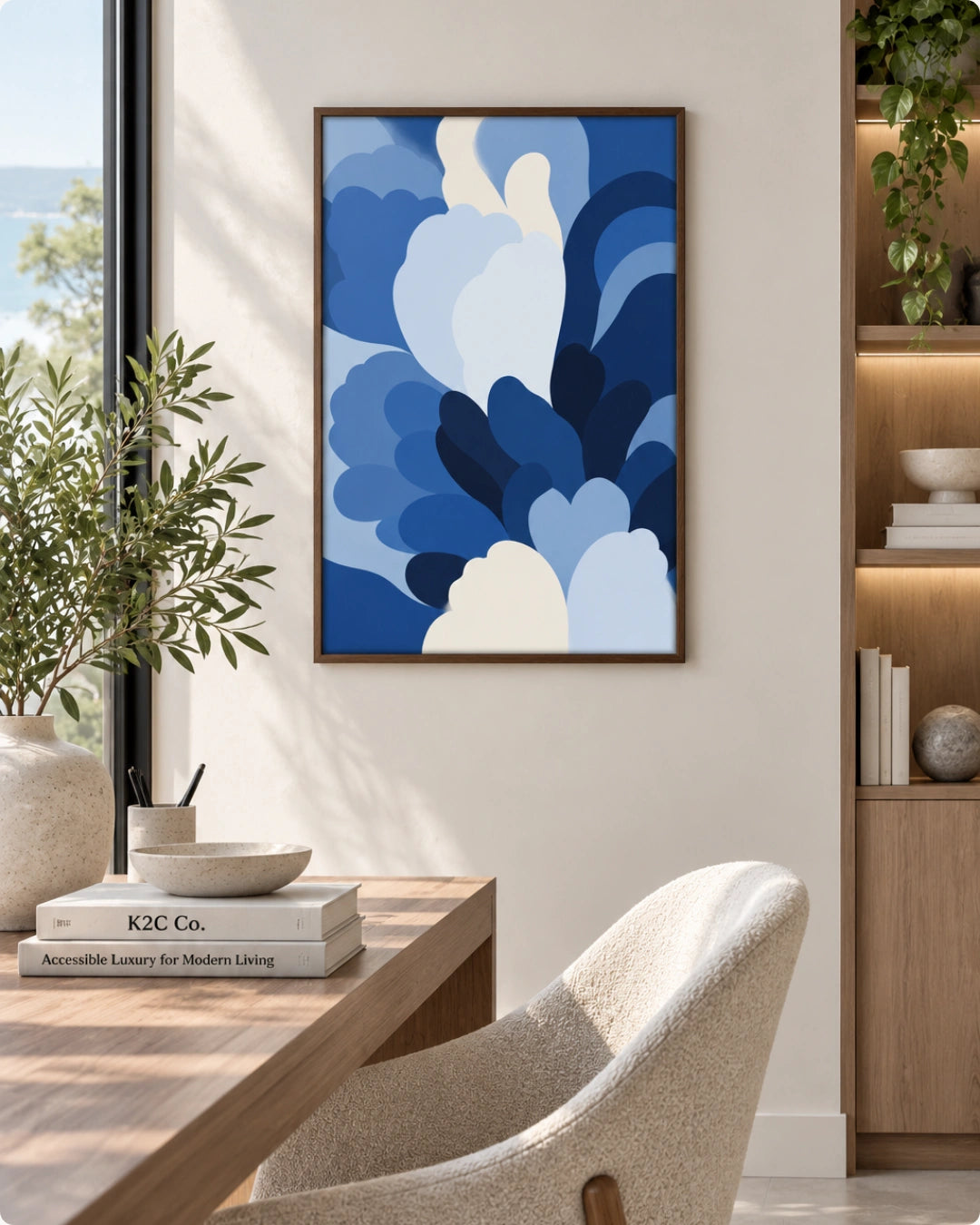 A framed abstract art print featuring layered blue and white cloud-like shapes, hanging on a beige wall in a modern, sunlit home office setting with a desk, chair, and shelving.