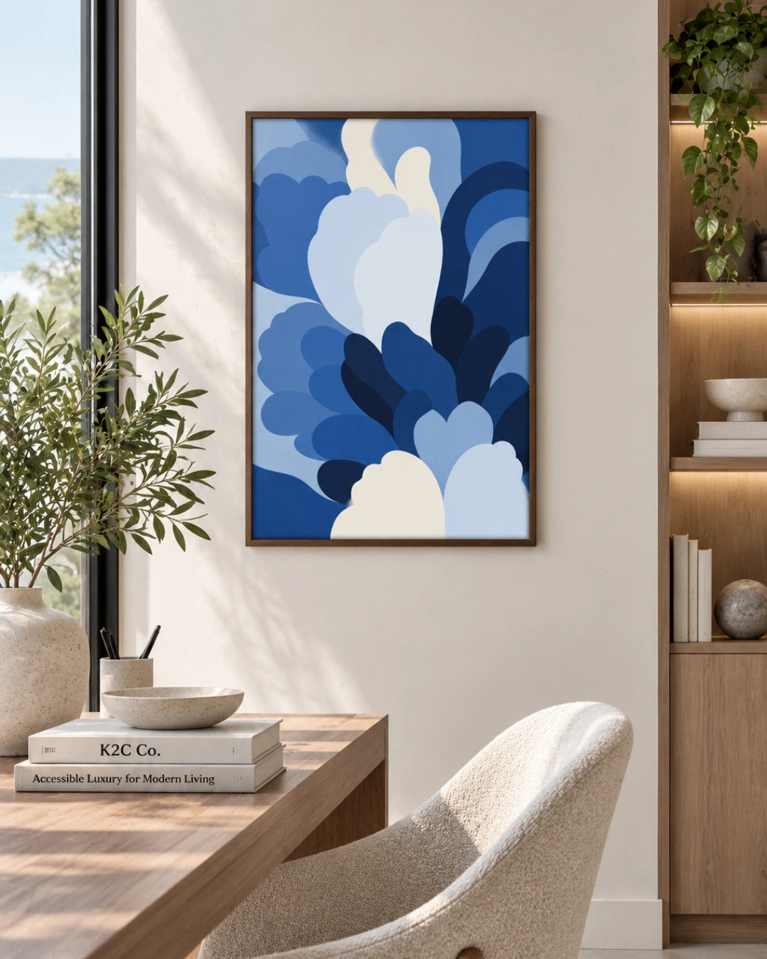 A framed abstract art print featuring layered blue and white shapes hangs on a beige wall in a modern, sunlit home office setting with a desk, chair, and shelving.