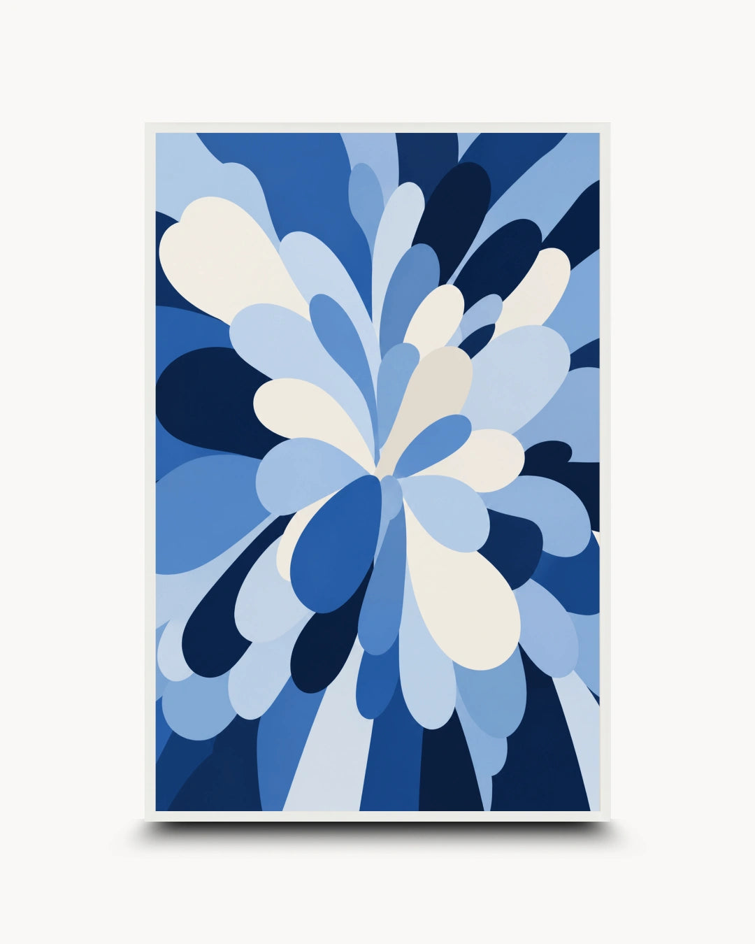 A vertical art print featuring an abstract floral burst design in shades of blue, navy, and cream, displayed against a light gray background with a subtle drop shadow.