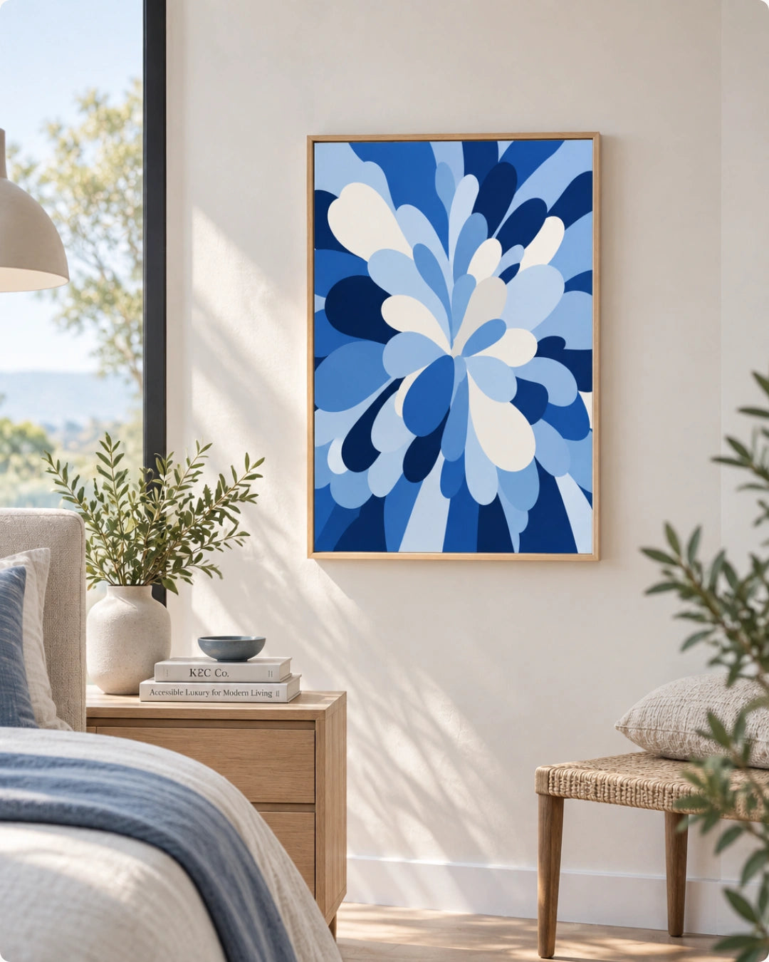 A framed abstract floral art print in shades of blue and white hangs on a beige wall in a modern, sunlit bedroom. The room includes a wooden nightstand with a vase of greenery, a bed with neutral bedding, and a small woven chair.