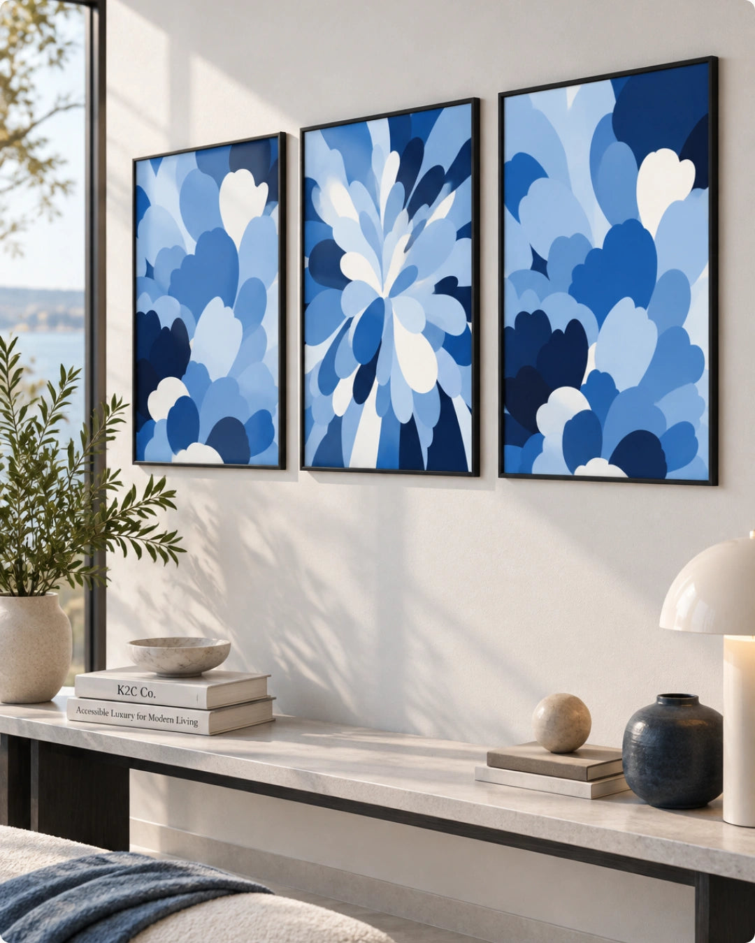 Three framed abstract blue floral wall art prints hang above a console table in a styled interior room with a plant, books, lamp, and candle.