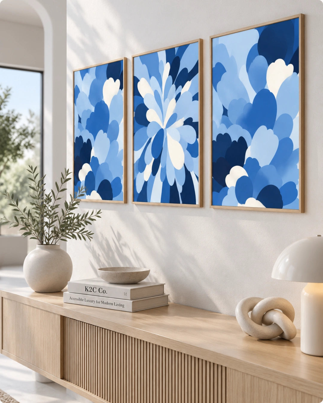 Three framed abstract canvas prints with blue and white floral shapes hang on a white wall above a light wood console table with a vase, books, and a lamp.