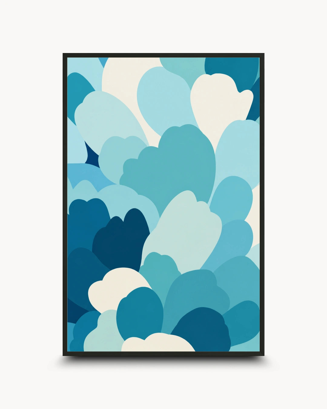 A framed abstract art print featuring overlapping heart-like shapes in various shades of blue, teal, and cream, set against a light gray background.
