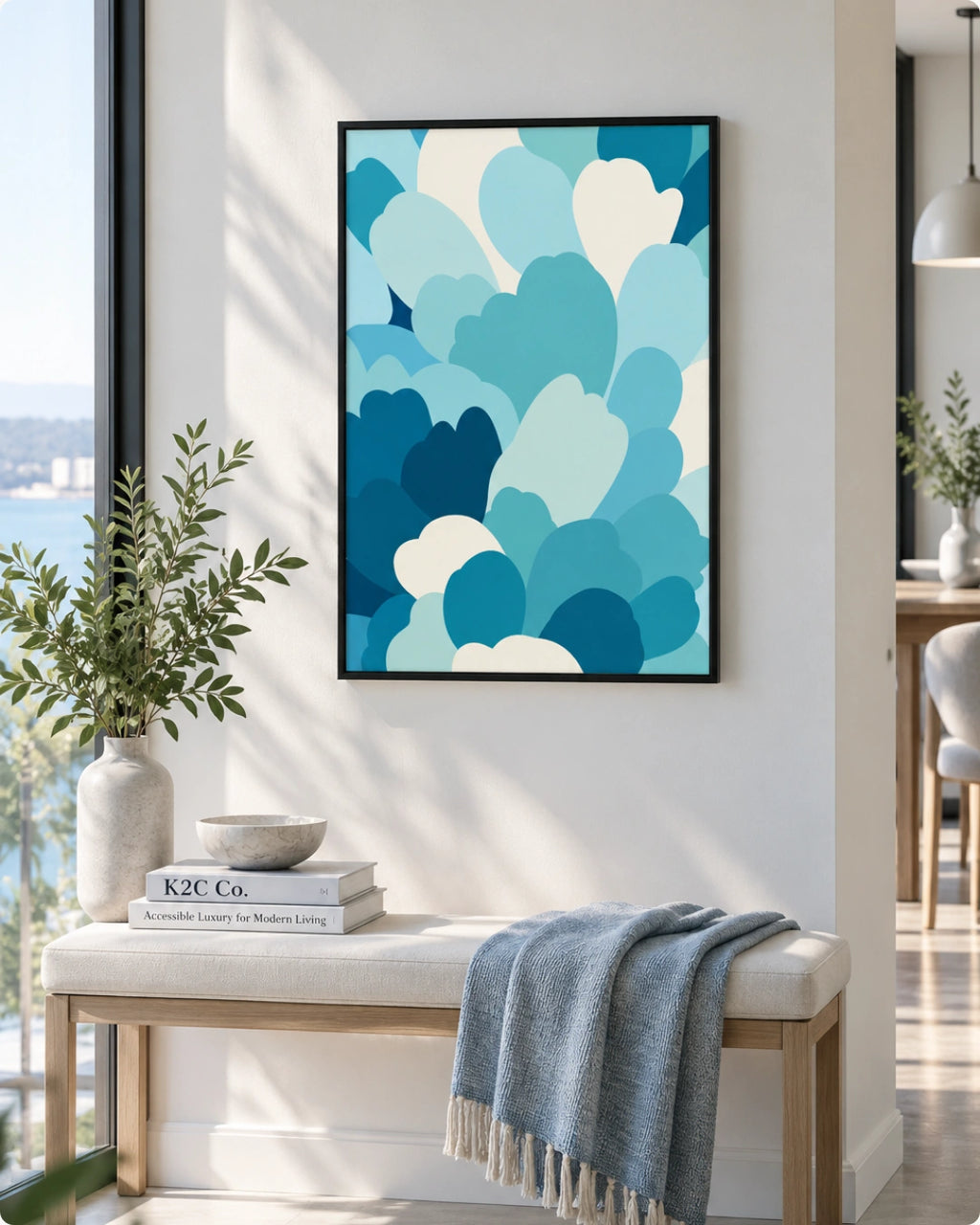 Framed wall art with an abstract cloud-like pattern in shades of blue, teal, and white, hanging on a white wall above a bench in a bright modern interior.